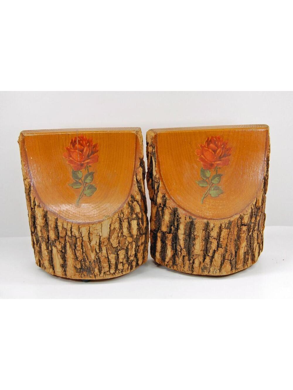 Log Post Natural Edge Bookends Rose Rustic 1970s Cottage Granny Core VTG Retro